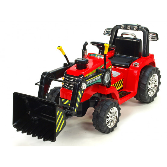 Elektrický traktor s dálkovým ovládáním, ovladatelnou lžící, pohonem obou zadních kol, ČERVENÝ